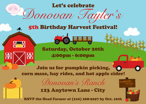 Fall Farm Birthday Party Invitation Barn Harvest Tractor Pumpkin Red Country Girl Boy Boogie Bear Donovan Theme Paperless Printable Printed