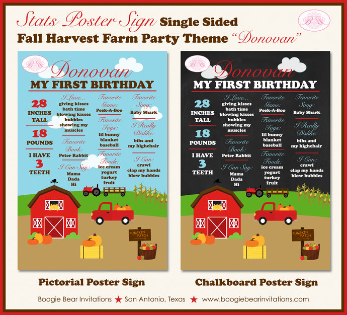 Fall Harvest Farm Birthday Party Sign Stats Poster Chalkboard Pumpkin Red Barn Truck 1st Boogie Bear Invitations Donovan Theme