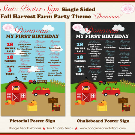 Fall Harvest Farm Birthday Party Sign Stats Poster Chalkboard Pumpkin Red Barn Truck 1st Boogie Bear Invitations Donovan Theme