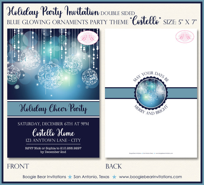 Christmas Winter Party Invitation Blue Ornament Star Glowing Silver Bells Boogie Bear Invitations Costello Theme Paperless Printable Printed