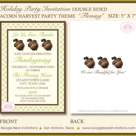 Acorn Thanksgiving Party Invitation Autumn Fall Harvest Green Brown Rustic Boogie Bear Invitations Fleming Theme Paperless Printable Printed