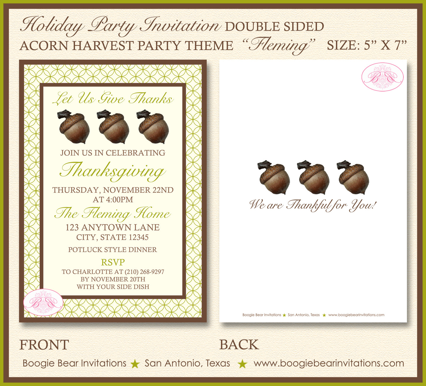 Acorn Thanksgiving Party Invitation Autumn Fall Harvest Green Brown Rustic Boogie Bear Invitations Fleming Theme Paperless Printable Printed