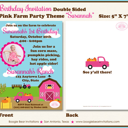 Pink Farm Barn Birthday Party Invitation Girl Photo Boogie Bear Invitations Susannah Theme Paperless Printable Printed