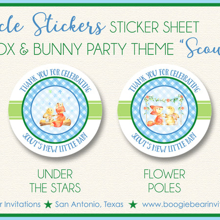 Woodland Bunny Fox Baby Shower Party Stickers Blue Garden Boogie Bear Invitations Scout Theme