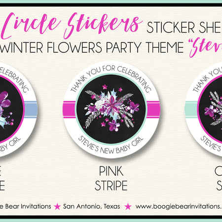 Modern Winter Flowers Party Stickers Pink Boogie Bear Invitations Stevie Theme