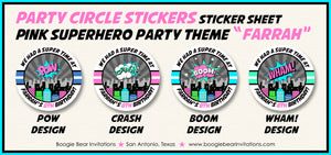 Pink Superhero Birthday Party Stickers Circle Sheet Round Super Hero Girl Skyline Comic Retro Boom Wham Boogie Bear Invitations Farrah Theme