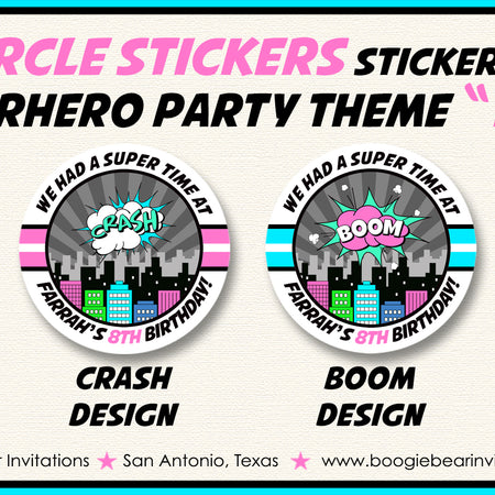 Pink Superhero Birthday Party Stickers Circle Sheet Round Super Hero Girl Skyline Comic Retro Boom Wham Boogie Bear Invitations Farrah Theme