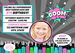 Pink Superhero Photo Party Invitation Birthday Girl Super Skyline City Boogie Bear Invitations Farrah Theme Paperless Printable Printed