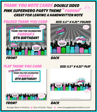 Load image into Gallery viewer, Pink Superhero Birthday Party Thank You Card Girl Super Hero Comic Retro Vintage City Boogie Bear Invitations Farrah Theme Printed