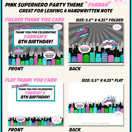 Pink Superhero Birthday Party Thank You Card Girl Super Hero Comic Retro Vintage City Boogie Bear Invitations Farrah Theme Printed