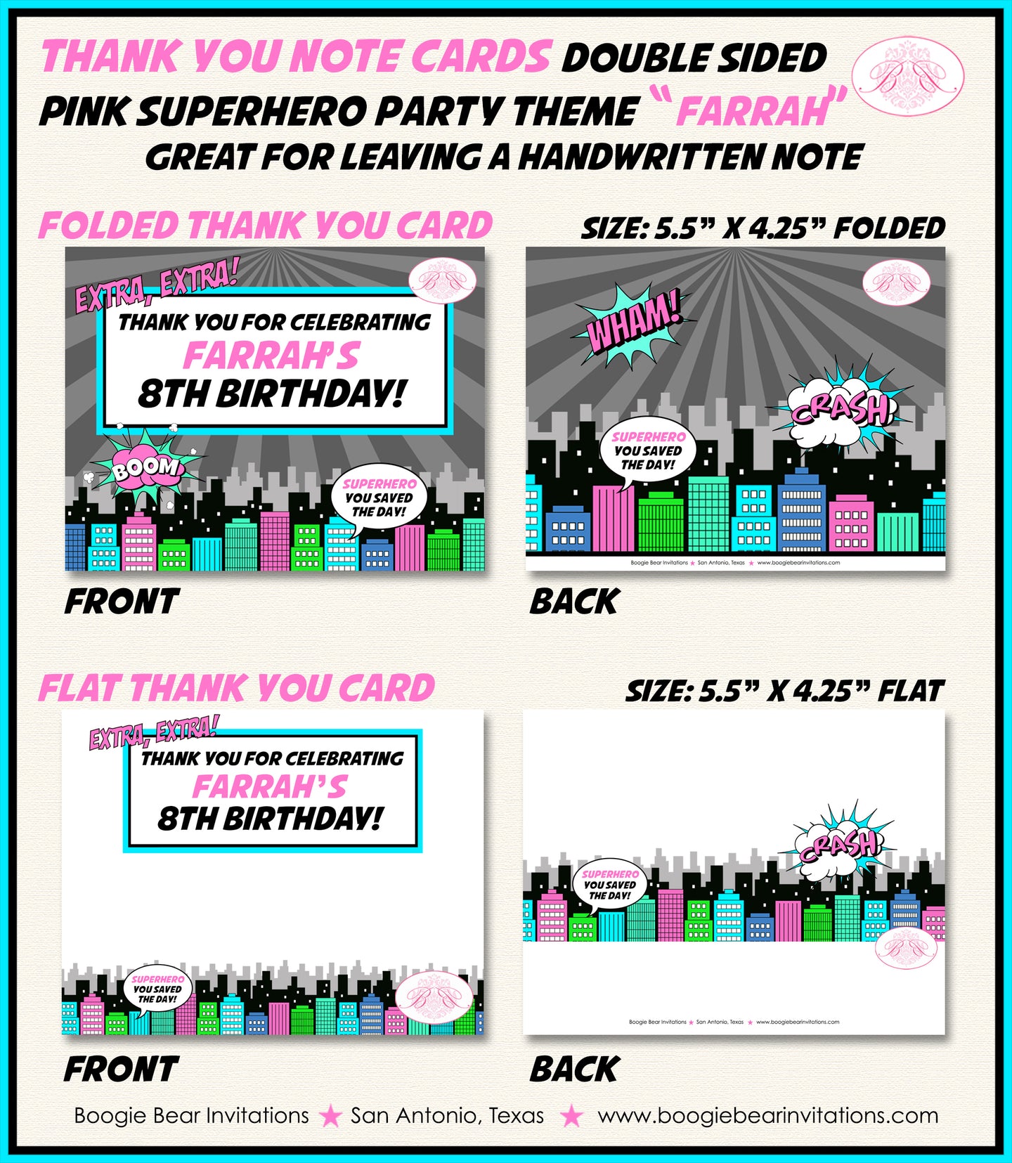 Pink Superhero Birthday Party Thank You Card Girl Super Hero Comic Retro Vintage City Boogie Bear Invitations Farrah Theme Printed