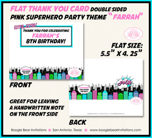 Pink Superhero Birthday Party Thank You Card Girl Super Hero Comic Retro Vintage City Boogie Bear Invitations Farrah Theme Printed