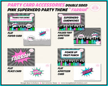 Load image into Gallery viewer, Pink Superhero Birthday Favor Party Card Tent Place Food Tag Super Hero City Retro Girl Boogie Bear Invitations Farrah Theme