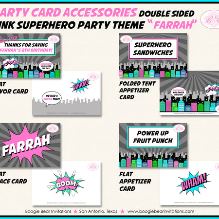 Pink Superhero Birthday Favor Party Card Tent Place Food Tag Super Hero City Retro Girl Boogie Bear Invitations Farrah Theme