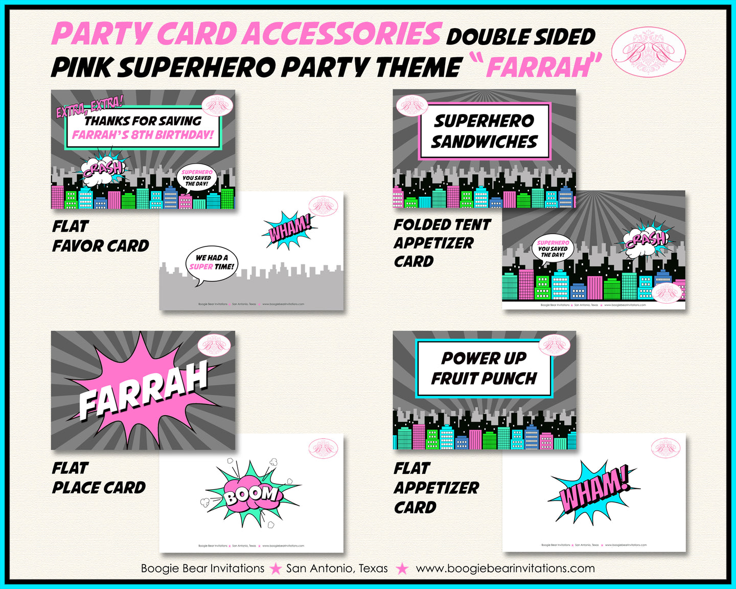 Pink Superhero Birthday Favor Party Card Tent Place Food Tag Super Hero City Retro Girl Boogie Bear Invitations Farrah Theme