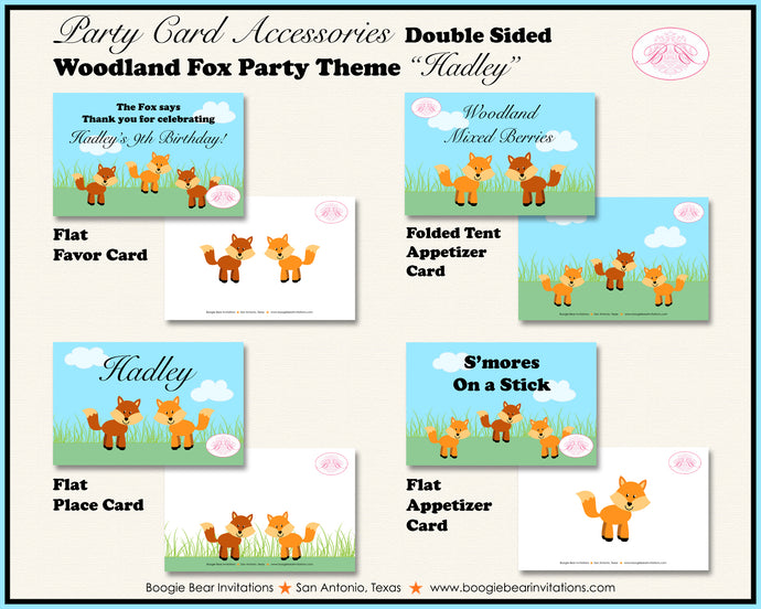 Woodland Fox Birthday Party Favor Card Place Food Tag Tent Appetizer Forest Creatures Garden Boogie Bear Invitations Hadley Theme