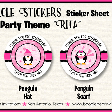 Pink Penguin Baby Shower Party Circle Stickers Boogie Bear Invitations Rita Theme