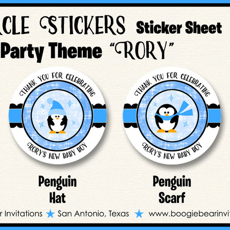 Blue Penguin Baby Shower Party Circle Stickers Boogie Bear Invitations Rory Theme