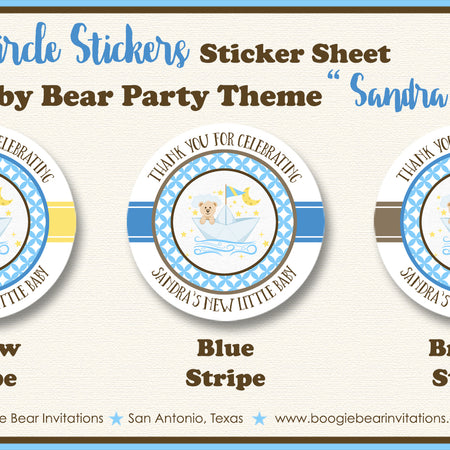 Teddy Bear Baby Shower Party Stickers Circle Sheet Blue Boogie Bear Invitations Sandra Theme