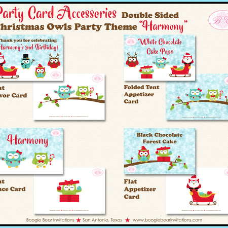Christmas Owls Birthday Party Favor Card Tent Place Sign Appetizer Boogie Bear Invitations Harmony Theme Printed