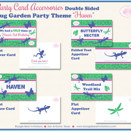 Bug Garden Birthday Party Favor Card Tent Place Food Label Appetizer Flat Butterfly Frog Lizard Jungle Zoo Boogie Bear Invitations Haven Theme
