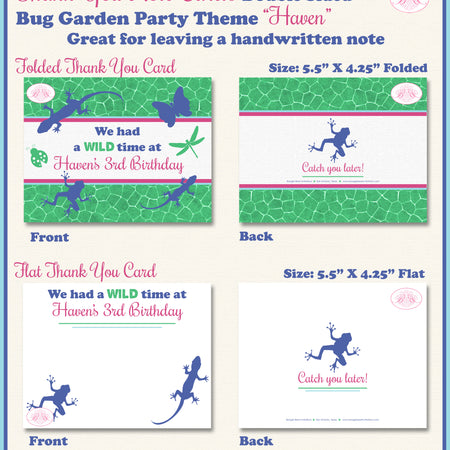 Pink Bug Garden Party Thank You Card Birthday Green Blue Lizard Frog Wild Butterfly Rain Forest Boogie Bear Invitations Haven Theme Printed