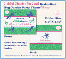 Load image into Gallery viewer, Pink Bug Garden Party Thank You Card Birthday Green Blue Lizard Frog Wild Butterfly Rain Forest Boogie Bear Invitations Haven Theme Printed