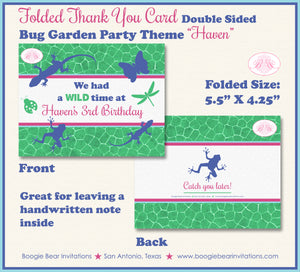 Pink Bug Garden Party Thank You Card Birthday Green Blue Lizard Frog Wild Butterfly Rain Forest Boogie Bear Invitations Haven Theme Printed
