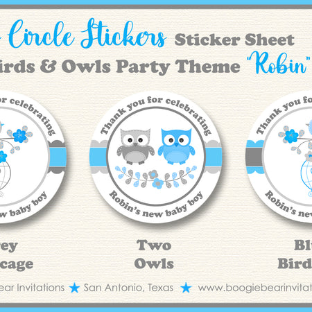 Blue Birds Owls Party Stickers Baby Shower Boogie Bear Invitations Robin Theme