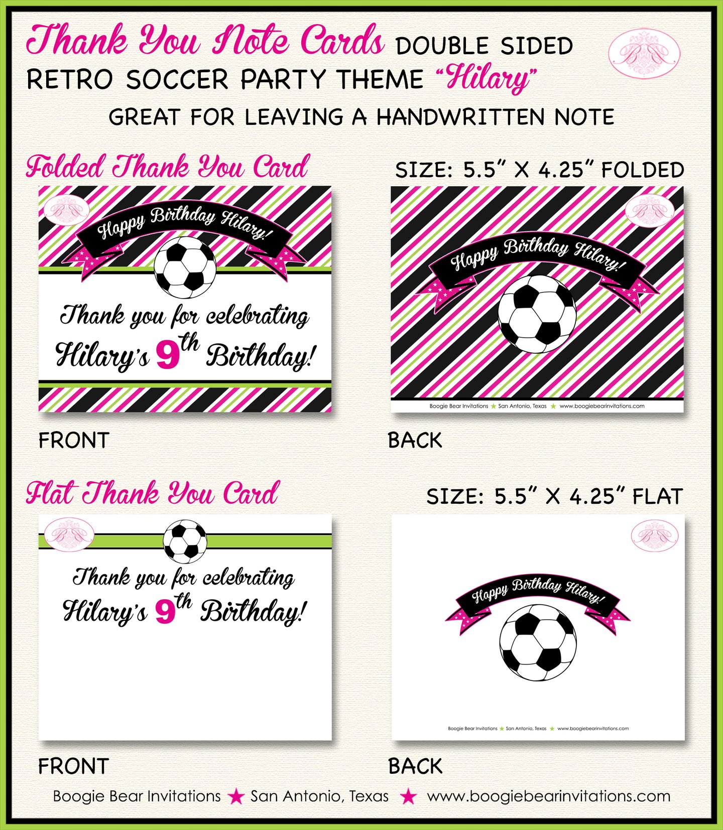 Pink Soccer Birthday Party Thank You Card Girl Lime Green Boogie Bear Invitations Hilary Theme Printed