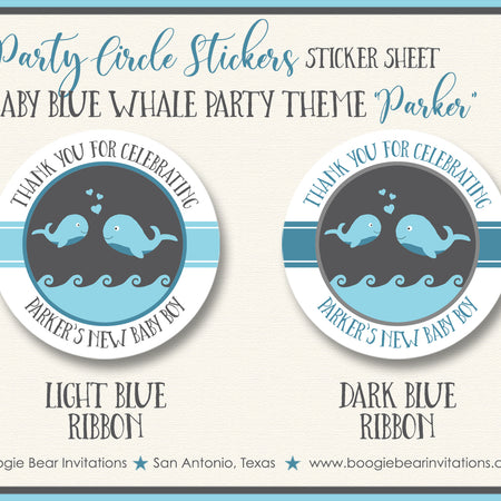 Blue Whale Baby Shower Party Stickers Circle Sheet Boogie Bear Invitations Parker Theme