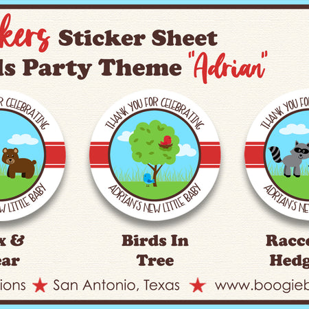 Woodland Animals Party Circle Stickers Sheet Round Baby Shower Boogie Bear Invitations Adrian Theme