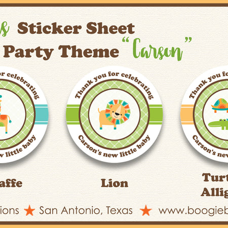 Wild Zoo Animals Party Circle Stickers Sheet Round Baby Shower Boogie Bear Invitations Carson Theme