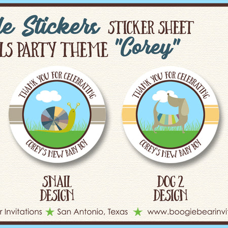 Snips and Snails Baby Shower Party Circle Stickers Boy Puppy Dog Tails Boogie Bear Invitations Corey Theme