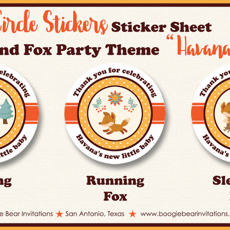 Woodland Fox Party Stickers Circle Baby Shower Sheet Round Boogie Bear Invitations Havana Theme