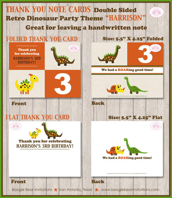 Dinosaur Birthday Party Thank You Card Little Dino Flat Folded Note Boy Girl Retro Boogie Bear Invitations Harrison Theme Printed