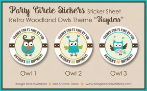 Forest Owls Birthday Party Stickers Circle Sheet Girl Boy Retro Woodland Animals Birds Creatures Retro Boogie Bear Invitations Kayden Theme