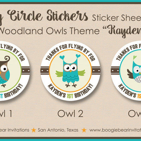 Forest Owls Birthday Party Stickers Circle Sheet Girl Boy Retro Woodland Animals Birds Creatures Retro Boogie Bear Invitations Kayden Theme