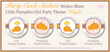 Load image into Gallery viewer, Little Pumpkin Birthday Party Stickers Circle Sheet Round Circle Girl Barn Harvest Fall Farm Purple Lavender Orange Boogie Bear Invitations Kayla Theme