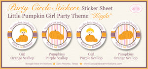 Little Pumpkin Birthday Party Stickers Circle Sheet Round Circle Girl Barn Harvest Fall Farm Purple Lavender Orange Boogie Bear Invitations Kayla Theme