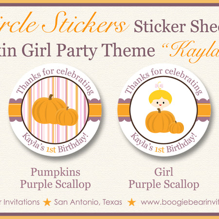Little Pumpkin Birthday Party Stickers Circle Sheet Round Circle Girl Purple Boogie Bear Invitations Kayla Theme
