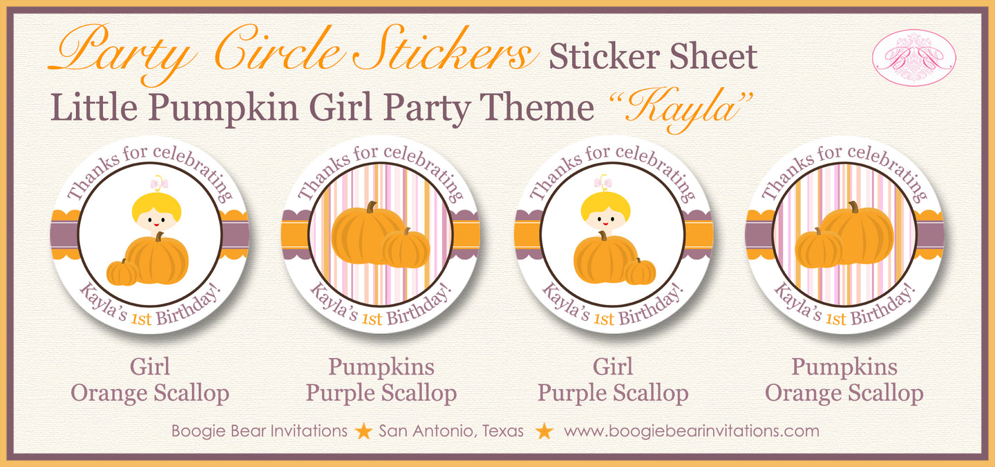 Little Pumpkin Birthday Party Stickers Circle Sheet Round Circle Girl Barn Harvest Fall Farm Purple Lavender Orange Boogie Bear Invitations Kayla Theme