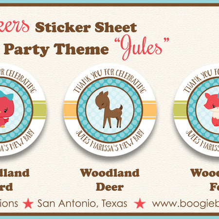 Woodland Animals Party Circle Stickers Sheet Round Baby Shower Boogie Bear Invitations Jules Theme