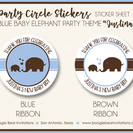 Blue Elephant Baby Shower Party Stickers Circle Boogie Bear Invitations Justina Theme