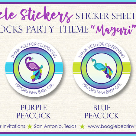 Peacock Baby Shower Party Stickers Circle Sheet Round Birds Boogie Bear Invitations Mayuri Theme