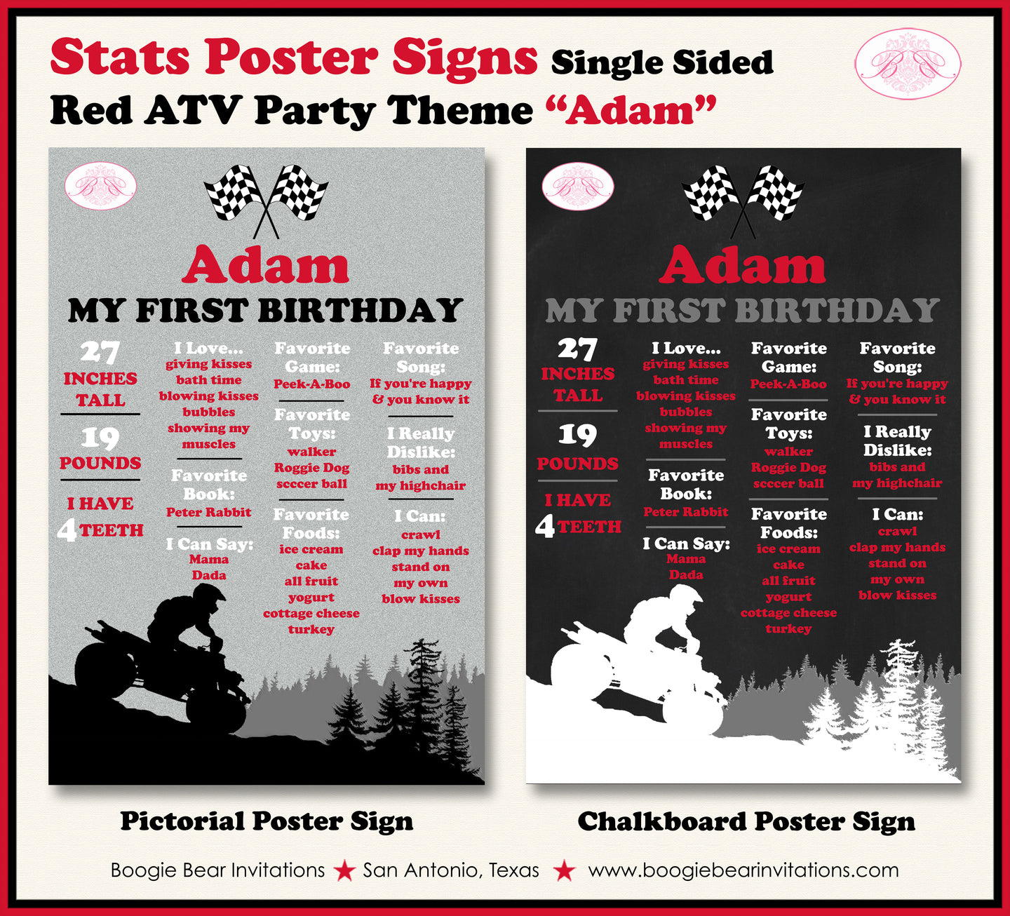 Red ATV Birthday Party Sign Stats Poster Flat Frameable Black Chalkboard Milestone Girl Boy 1st First Boogie Bear Invitations Adam Theme