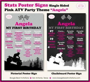 Pink ATV Birthday Party Sign Stats Poster Flat Frameable Black Chalkboard Milestone Girl 1st First Boogie Bear Invitations Angela Theme