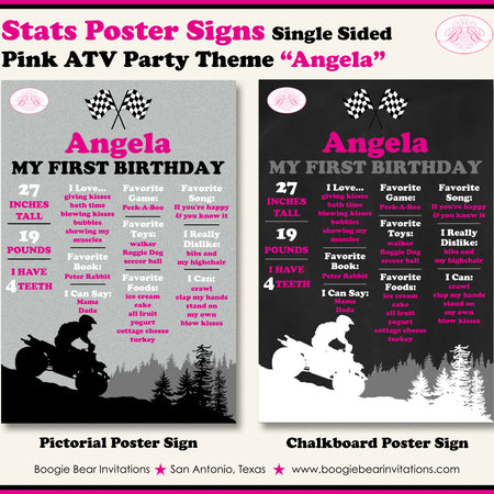Pink ATV Birthday Party Sign Stats Poster Flat Frameable Black Chalkboard Milestone Girl 1st First Boogie Bear Invitations Angela Theme