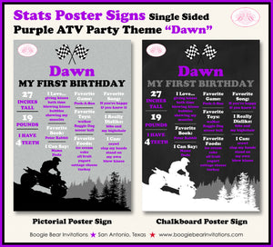 Purple ATV Birthday Party Sign Stats Poster Flat Frameable Black Chalkboard Milestone Girl 1st First Boogie Bear Invitations Dawn Theme