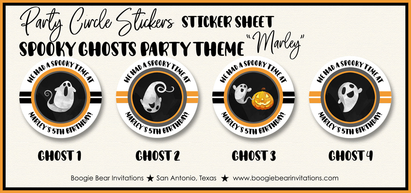 Halloween Ghosts Birthday Party Circle Stickers Sheet Round Spider Web Pumpkin Farm Hey Boo Boogie Bear Invitations Marley Theme